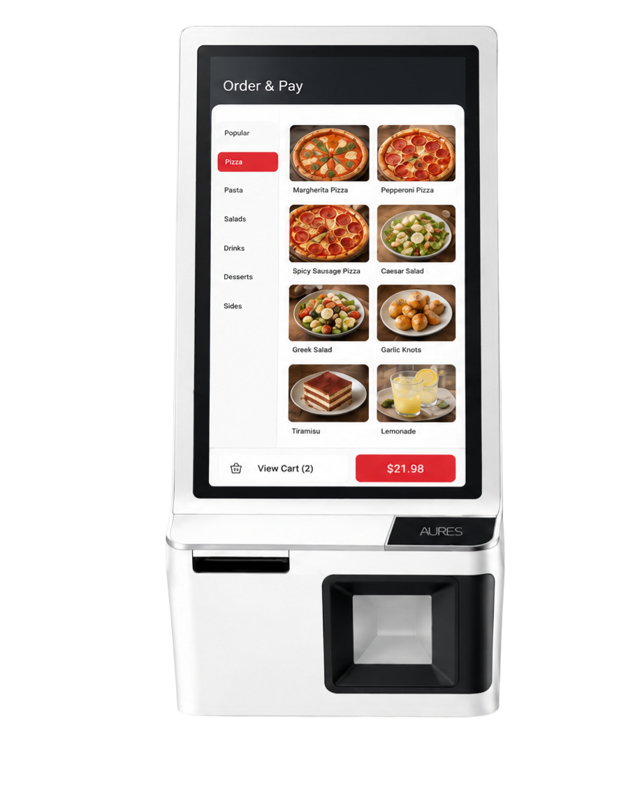 Chiosco self-service EatLive con menu pizze e pagamento