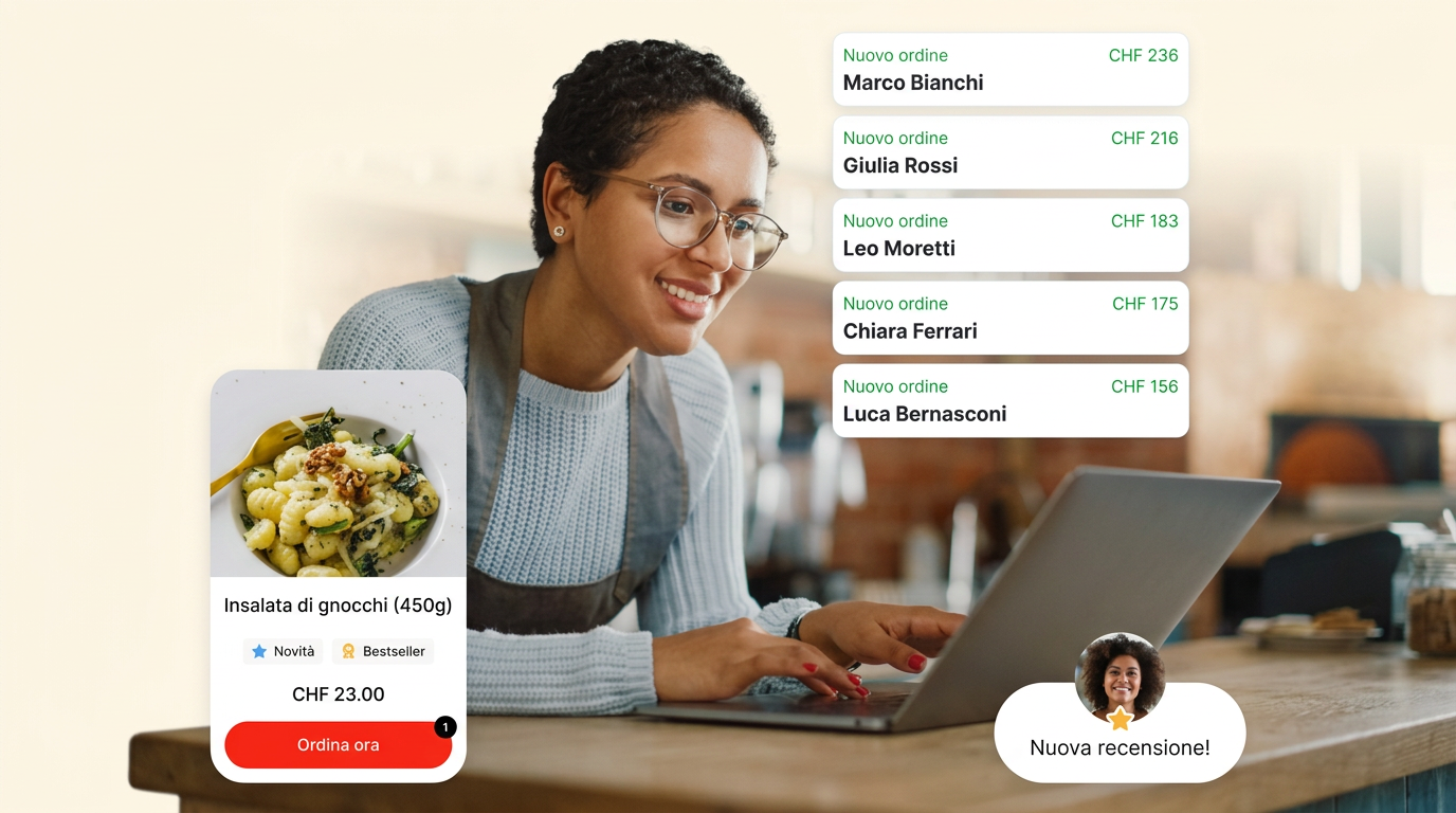 Titolare di un locale che lavora al portatile mentre le schede le mostrano i nuovi ordini in arrivo, un piatto in vetrina e una recensione ricevuta