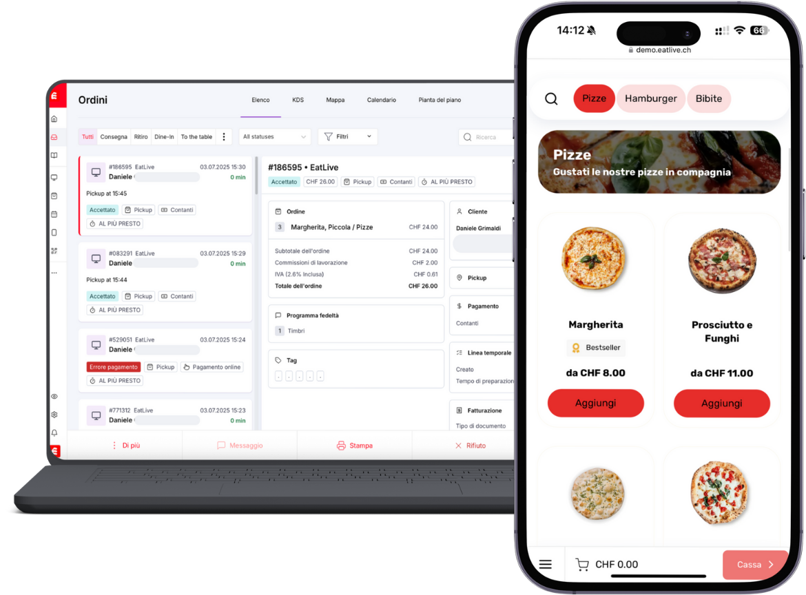 Ordini EatLive su computer e app del locale su telefono
